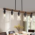 Farmhouse Dining Room Light Fixtures Over Table, 5-Lights Adjustable Kitchen Island Lighting, Wood Island Light Fixture Rectangular Chandeliers Hanging Lighting for Kitchen