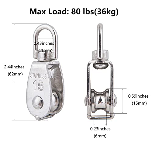 10Pcs 304 Stainless Steel M15 Single Pulley Block, Wire Rope Hanging Wire Towing Wheel, With 10Pcs Spring Snap Hook #TOP2