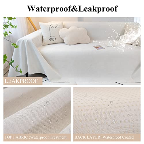 Dreamingo Non-Slip Furniture Couch Protector Waterproof Sofa Cover Modern Solid Leakproof Couch Cover For Dogs Universal Pet Couch Cover For Loveseat L Shape Sectional Sofa, Beige White, 71"X118" #TOP2
