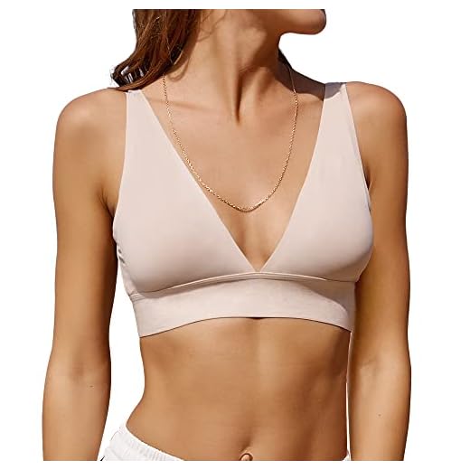 Knowyou Women's Seamless Plunge Bra Deep V-Neck Wireless Comfort Bra Unlined Triangle Sporty Bras Ultra Light Soft Stretch Bralettes for Ladies Beige