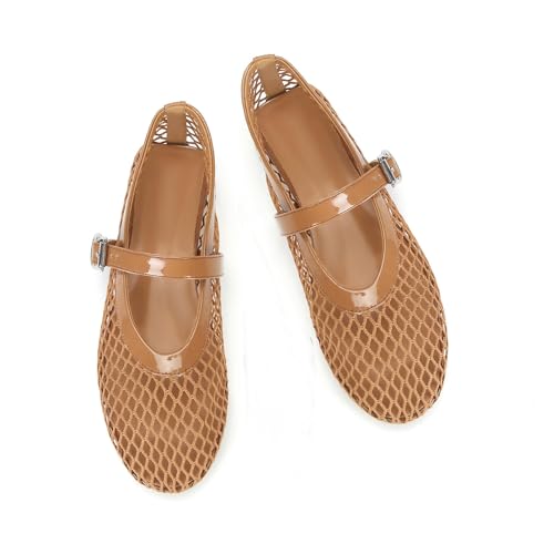 Image of DOEYG Mesh Ballet Flats for Women Buckle Strap Comfy Casual Office Fishnet Ballerina Flat Shoes