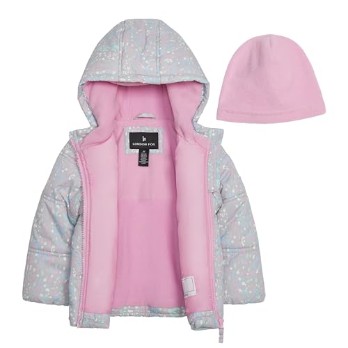 Image of LONDON FOG Girls' Heavyweight Quilted Puffer Jacket with Fleece Beanie