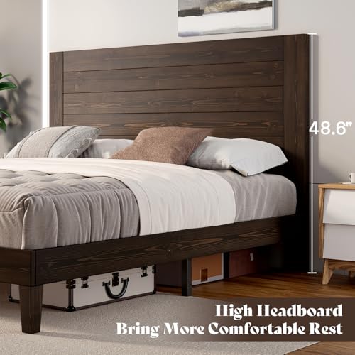AMERLIFE King Size Solid Wood Bed Frame with 48 Headboard - Mid-Century Modern Design, Noise-Free, No Box Spring Needed, Dark Brown