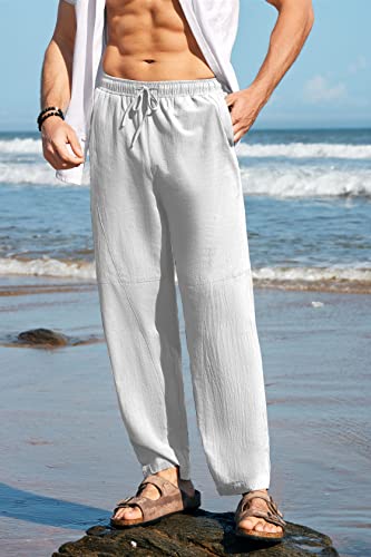 Men's Linen Harem Pants Elastic Drawstring Waist Loose Fit Casual Yoga Beach Trousers with Pockets