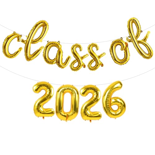 Image of TONIFUL Gold Cursive Class of 2026 Graduation Balloon Banners 2026 commencement Decor Grad Foil Balloons 2026 Congrats Grad Balloons for Class of 2026 Congratulation Graduation Party Supplies