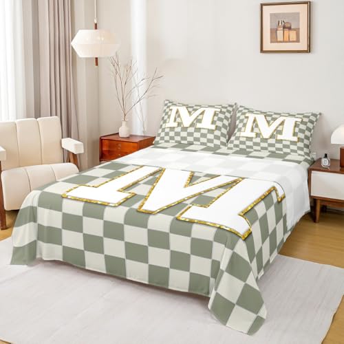 Image of Erosebridal Sage Green Checkered Bedding Set Twin Plaid Initial M Bed Sheets Personalized Monogram Sheet Set Kids Boys Girls,Fashion Grids Gingham Fitted Top Sheets 3 Piece