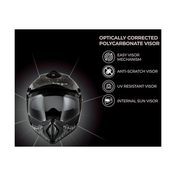 Vega Off Road Sketch ISI Certified Gloss Finish Full Face Dual Visor with Peak Helmet for Men and Women Outer Clear Visor and Inner Smoke Sun Visor(Black Silver, Size:M)