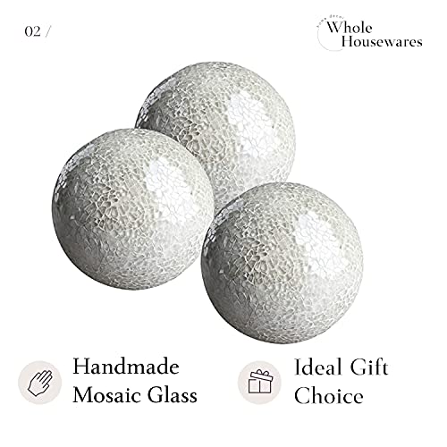 Whole Housewares | Decorative Balls | Set Of 3 Glass Mosaic Orbs For Bowls | 4" Diameter | Table Centerpiece | Coffee Table And House Decor (White) #TOP1