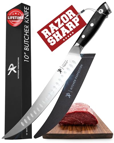KITCHEN PERFECTION 10” Butcher Knife for Meat Cutting & Trimming-Ultra Sharp Cimeter Breaking Carving Knife with Sheath- Premium German Steel,Full Tang Ergonomic Handle -Perfect Grilling Gifts for Men