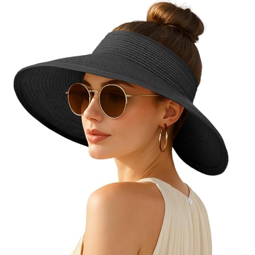 Image of Summer Straw Beach Sun Visor Ponytail Hats for Women Foldable Floppy