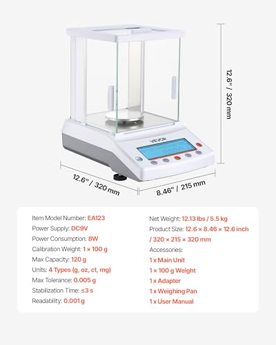 Image of VEVOR Analytical Balance, 120 g x 0.001 g High Precision Accuracy Lab Scale, g /oz /ct /mg 4 Units Electronic Digital Analytical Balance with Glass Draft Shield, for Laboratory Jewelry Pharmacy