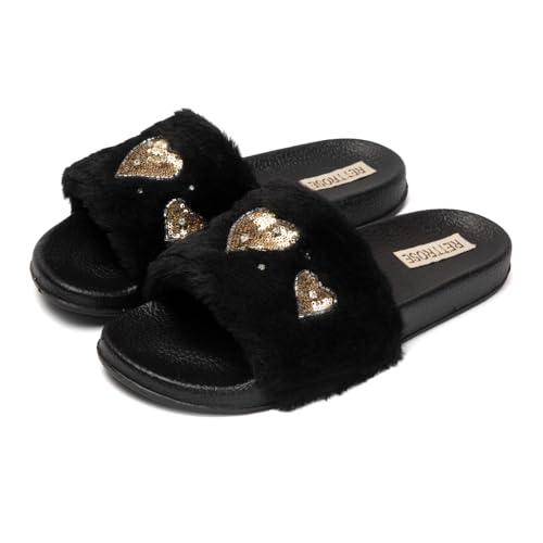 Ella Luxury Handmade Women’s Sliders – Faux Fur Plush Black Slippers with Diamanté Heart Embellishment, Comfortable Rubber Sole4