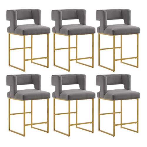 26” Bar Stools Set of 6, Counter Height Bar Chairs, Modern Kitchen Island Stools with Back and Arm, Velvet Barstools with Metal Legs for Home Bar Cafe Pub Grey and Gold