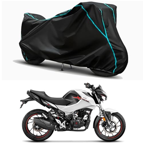 Image of Waterproof Bike Body Cover Compatible for | Hero Xtreme 160R 2.0 | Taffeta Fabric, Sky Piping Design, Bottom Elastic Fit | Dustproof, Sun UV & Rain Protection for All Weather.