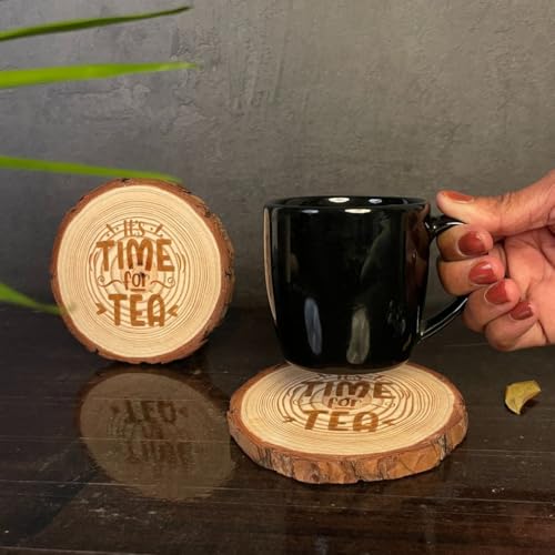 Image of Giftana Wooden Coaster Set with Engraved Quote - inchIt's Time for Tea inch Round Coasters for Home & Office, Eco-Friendly, Non-Slip Drink for Dinning Table, 4 Inches Diameter- Set of 2
