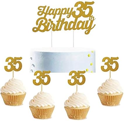 Amazon グリッターゴールド35ケーキトッパー 35歳の誕生日や記念日のパーティーに ケーキのデコレーションに 35歳の誕生日パーティー カップケーキトッパー Shiningparty デコレーションツール 通販
