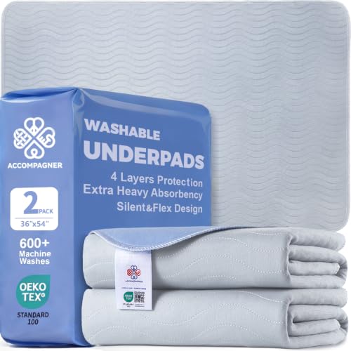 Image of Accompagner Incontinence Bed Pads Washable Waterproof Underpads 36 inchx54 inch 2pc | 4-Layer Heavy-Absorbency Reusable Pee Pads for Adults, Kids, Elderly, Dogs, Bedridden, Bedwetting, Nursing, Sofa (Pearl Gray)