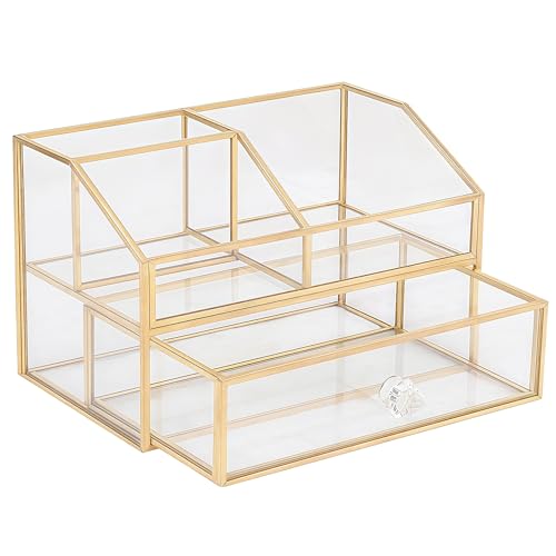 Kosmetik Organizer mit Schublade - HARLIANGXY - Kosmetische Aufbewahrungs- Make Up Organizer Gold - Vintage Schminktisch Aufbewahrung Box aus Metall und Glas