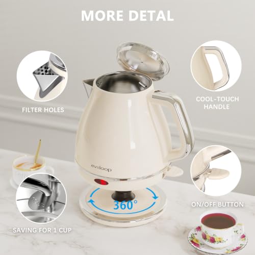 Image of Evoloop Electric Tea Kettle, 1500W /1.0L Hot Water Boiler Heater Pot, Retro Small Electric Kettle, 100% Stainless Steel BPA Free Electric Teapot, Auto Shut-Off & Boil-Dry Protection(Beige)