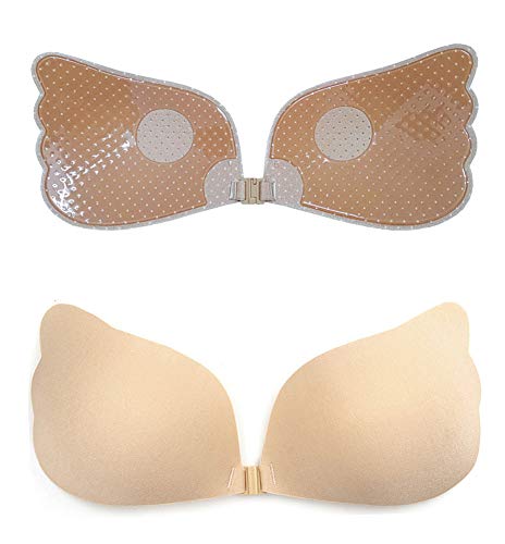 Invisible Self Adhesive Bra 2 Pairs, Rabbit Push Up Strapless Sticky Bra Lift Breast Reusable Silicone Nippleless Covers (Beige+Black(Angel), D Cup) #TOP1
