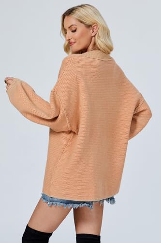 D-Sun Women's Oversized Sweater V Neck Cable Knit Pullover Casual Elegant Ribbed Drop Shoulder Sweater Jumper3