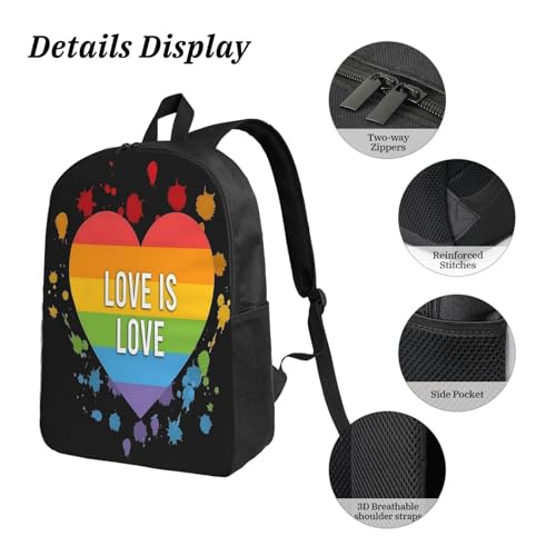 Love Is Love LGBT Pride Rainbow Heart Gay 17 Inch Backpack Sets Lunch Bag Lightweight Daypack for Men Women 3Pcs3