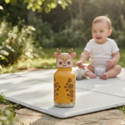 Image of JOUET Kids Stainless Steel Water Bottle 280ml with Cute Giraffe Character Lid, Yellow Leakproof Drinking Bottle for School, Travel & Daily Use