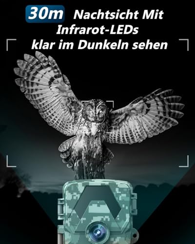Wildkamera, 5K 60MP Wildtierkamera mit 98FT 130 Weitwinkel, 0,05s Auslösezeit Nachtsicht Bewegungssensor Jagdkamera, IP66 Wasserdicht, kein Glühen Infrarot-LEDs für Garten mit 64GB Speicherkarte