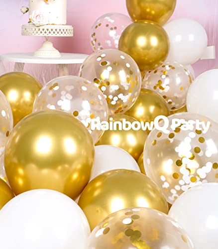 Image of Metallic Shiny Gold and White Balloons 12 Inch 67PCS White Gold Confetti Balloons Latex Helium Balloon Set for Graduation Anniversary Wedding Birthday Party Decorations