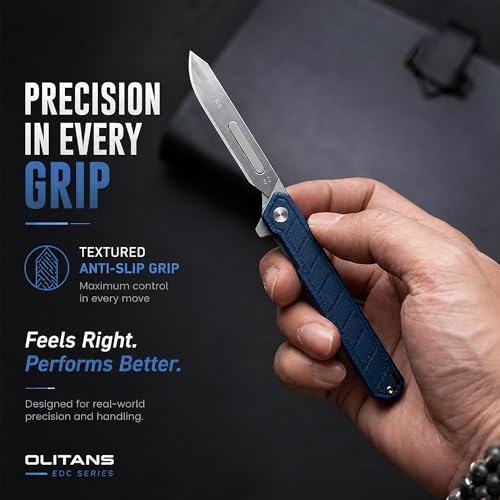 Image of OLITANS G046 Mecha Mini Slim Folding Scalpel with 5pcs #24 and 5pcs #60 G10 Handle with Liner Lock, Utility EDC Pocket Knife with Back Clip(Blue)