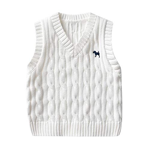 Binse Baby Boys V-Neck Sweater Vest Cotton Sleeveless Pullover Kids Uniform Cable Knit Vest White 100