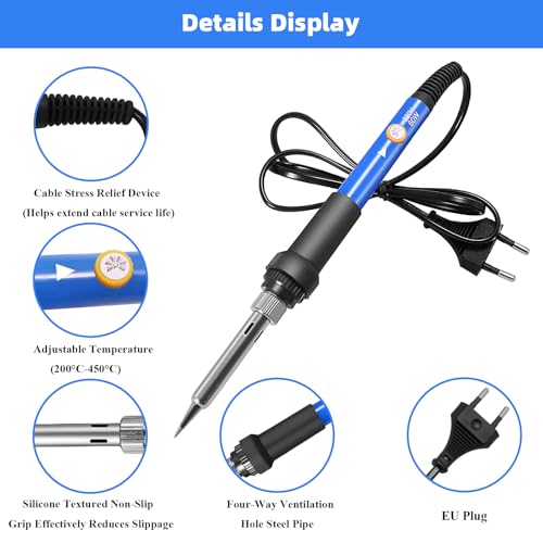 TUOLNK 9-teiliges 60-W-Lötkolben-Set | 6-stufige Temperaturregelung | 5 Lötspitzen + Lötständer + Lötzinn + Lötwatte | Für Elektronikreparatur & Heimwerkerarbeiten