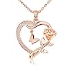 Heart Necklace for Women Sterling Silver/14k Gold Plated/Rose Gold CZ Romantic Rose and Butterfly Jewelry for women Birthday Valentine’s Day Gift for Girls