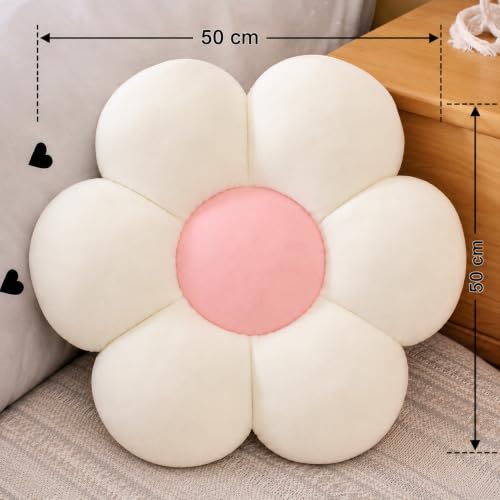Image of AVSHUB Sunflower Pattern 6 Petal Cute Preppy Decorative Throw Pillow|Floor Cushion with Fibre Filling for Aesthetic Decoration (White, 50CM)