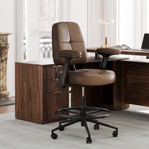 Image of Drafting Executive Chair, Tall Office Chair with Padded Flip-Up Armrests, Mid-Back Cushioned Seat, 360 Swivel Rolling Computer Desk Chair for Standing Desk & Home Office, Vintage Brown