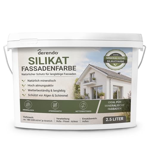 derendo Fassadenfarbe weiß Silikat Fassadenfarbe 2,5L, mineralische Silikatfarbe für aussen, matt...