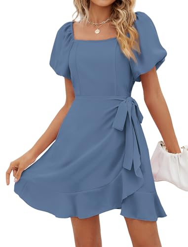 Image of Sampeel Womens Summer Dresses Square Neck Puff Sleeve Tie Waist Short Dress