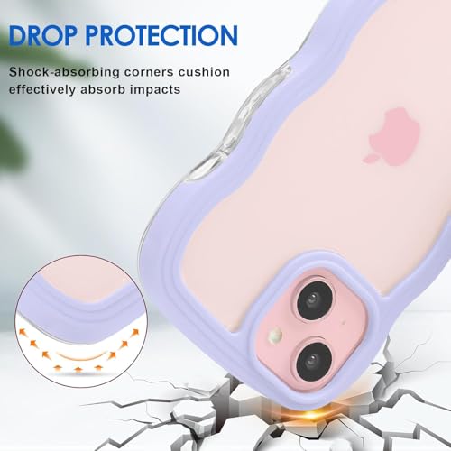 Image of GoldKart iPhone 15 Plus Case Wavy Edge Clear Back Design, Anti-Slip Grip Cute Wave Curly Frame Shape Shockproof Soft TPU & Hard PC Bumper Protective Phone Case Cover for Women Girls - Purple