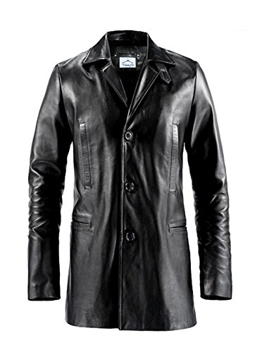 VearFit Max Payne Mark Wahlberg 3-Button Real Leather Trench Coat Blazar for Men Black