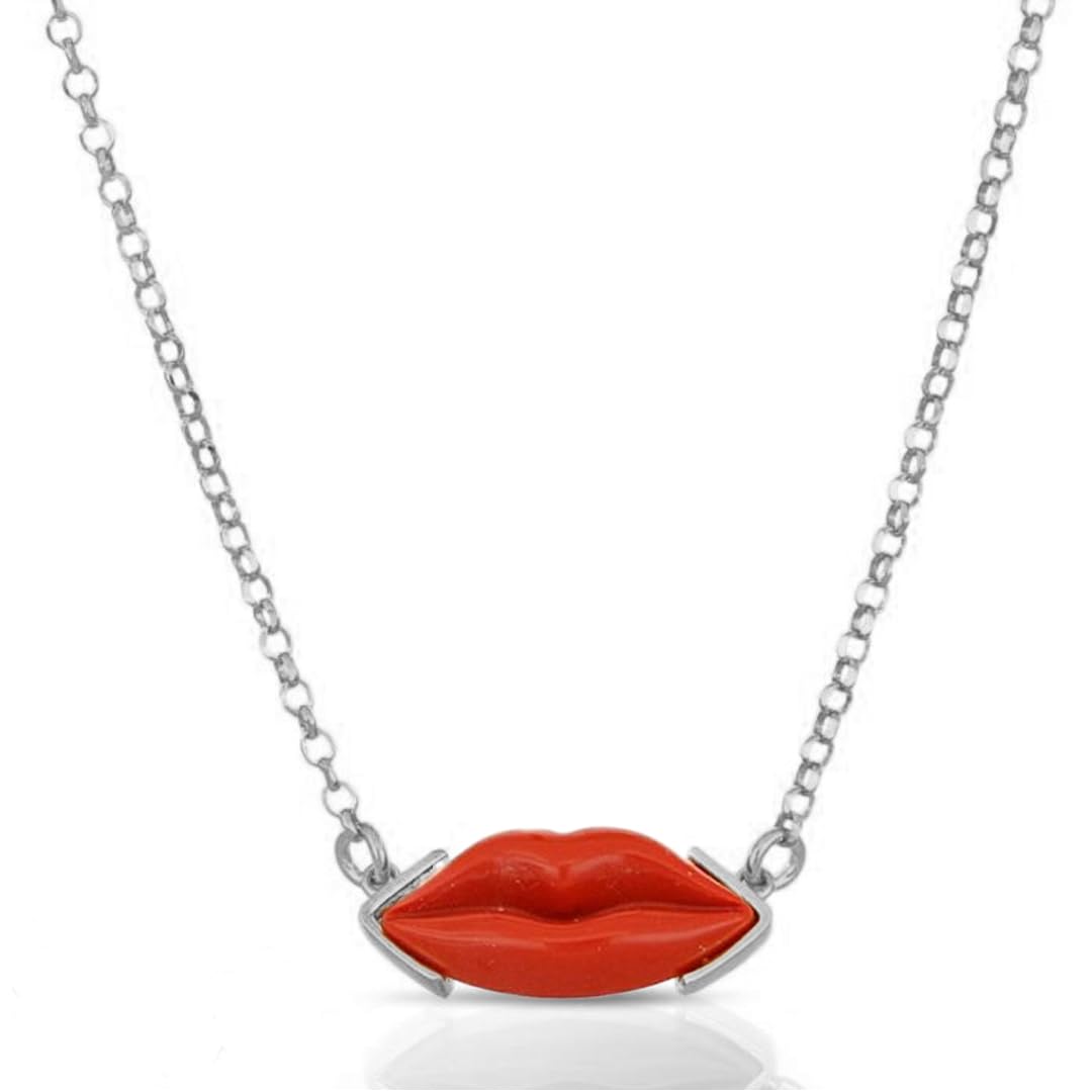 Collana labbra Bocca lolita pasta di corallo rosso naturale del Mediterraneo montatura in argento 925 rodiato con catenina regolabile gioiello artigianale
