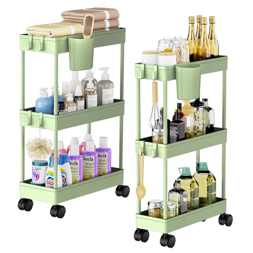 Image of Slim Storage Cart, 2 Pack Narrow Bathroom Cart with Wheels for Small Space Storage Small Rolling Cart with Plastic Basket&Metal Tubes for Bathroom, Laundry Room, Kitchen Narrow Bathroom Storage, Green