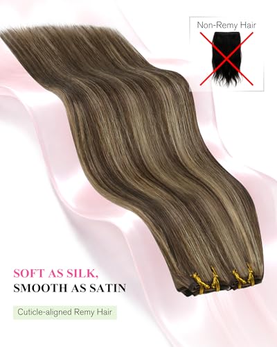 Image of YoungSee Human Hair Weft Extensions 24 Inch Sew in Hair Extensions Real Human Hair, Highlight Dark Brown Mix Caramel Blonde, Remy Hair Extensions Sew in for Low Daily Maintenance 100g