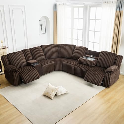 Power Electric Reclining Sectional Sofa with Wireless Charger for Living Room, Plush Faux Fur Sectional Couch with Recliner, 6 Seaters Comfy Recliner Corner Sectionals Sets with Cup Holders, Brown