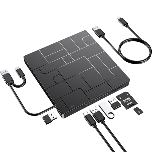 AMIR External DVD Drive, USB 3.0 CD DVD Burner for Laptop with 4 USB Ports & 2 SD Card Slots & 1 Type-C Ports, CD/DVD ROM +/-RW Optical Disk Drive for Mac, PC Windows 11/10/8/7 Linux OS