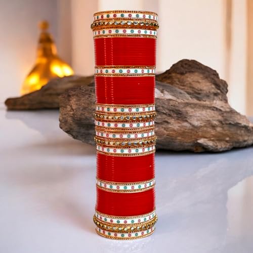 Lucky Jewellery Bridal Bangle Set Dhanteras/Diwali/Bhai Dooj Collection Wedding Punjabi Chuda Designer Chura Red Non-Precious Metal Cubic Zirconia Jewellery Chuda For Women (1016-M1C1-SUNAINA-R)