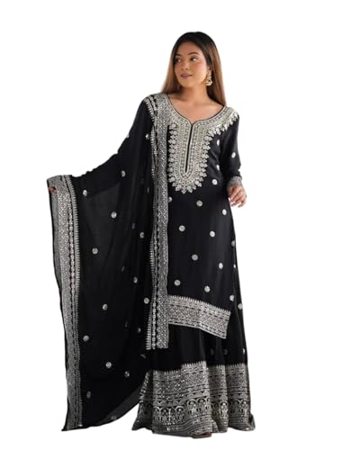 A4 CRAFTS Women's Chinnon Silk Embroidery & Sequence Work Straight Kurti With Sharara and Dupatta Set (Black-L)