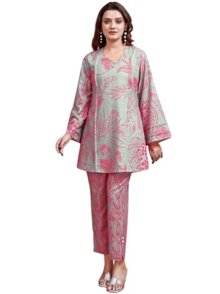Women's Floral Print Co-ord Set | Mint Green Pink Tunic Top & Pants | Long Sleeve 2 Piece Casual Outfit for Women-picture-60