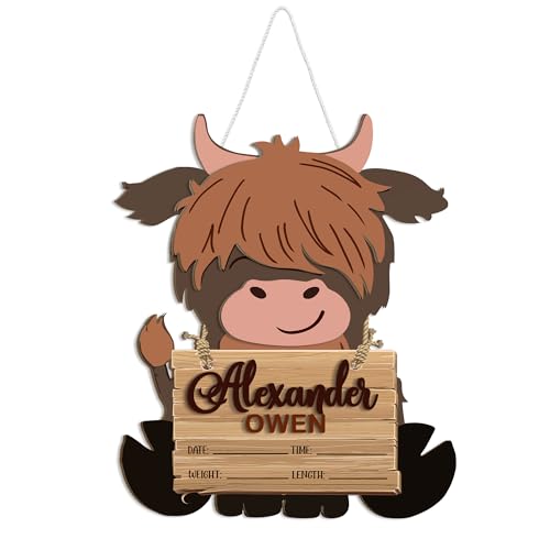 Mondily Baby Name Signs for Nursery Decor, Personalized Baby Name Signs, Cow Wreath Baby Birth Announcement Sign, 2 Layers Wood Birth Stat Sign, Baby Shower Décor