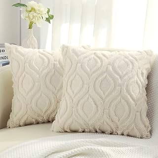 decorUhome Set of 2 Faux Fur Cushion Covers 60x60 cm, Decorative Soft Plush Fluffy Velvet Cushion Cover 24X24 Inch, Square Boho Neutral Pillow case for Sofa, Beige