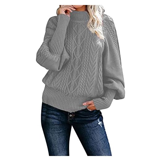 Alwayswin Stickade tröjor damer polotröja ledig enfärgad pullover rund hals varm långärmad stickad tröja elegant lös stickad tröja höst vinter stickad topp, silver, L